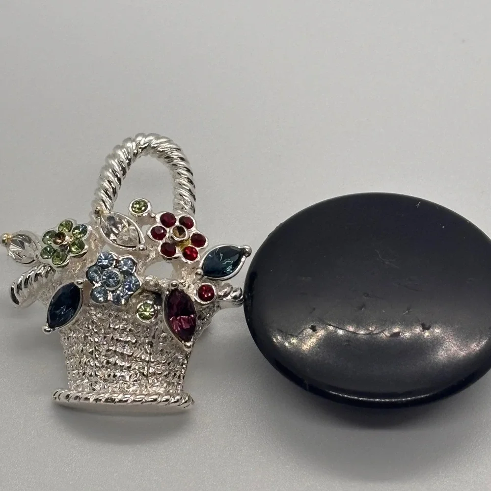 Napier Flower Basket Brooch Silver Tone Multi Color‎ Rhinestone Floral Design